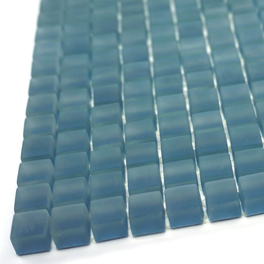 Angle view of dark blue frosted micro mosaic glass tile