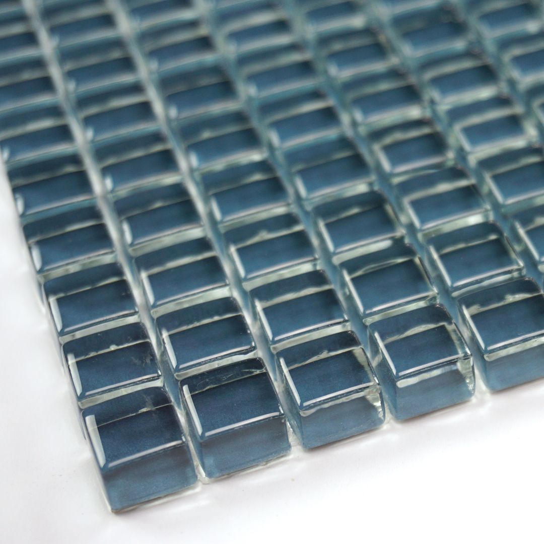Angle view of dark blue polished micro mosaic glass tile