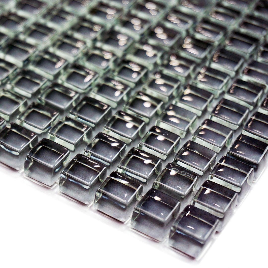 Angle view of dark grey polished micro mosaic glass tile